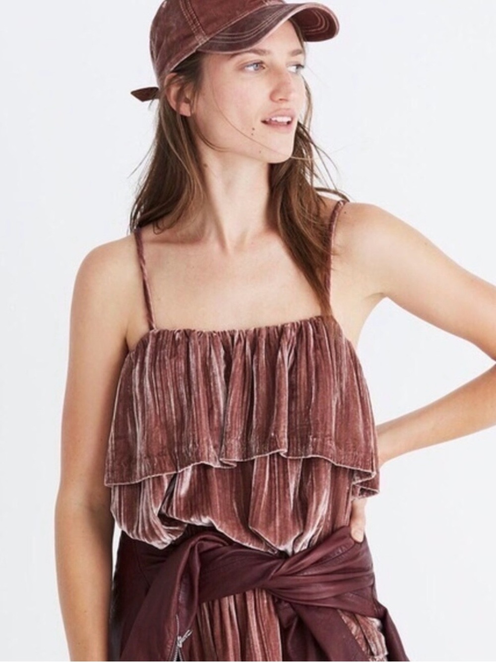 Madewell Crushed Velvet Ruffle Camisole Tank Top Rose Pink Blush Size XXS